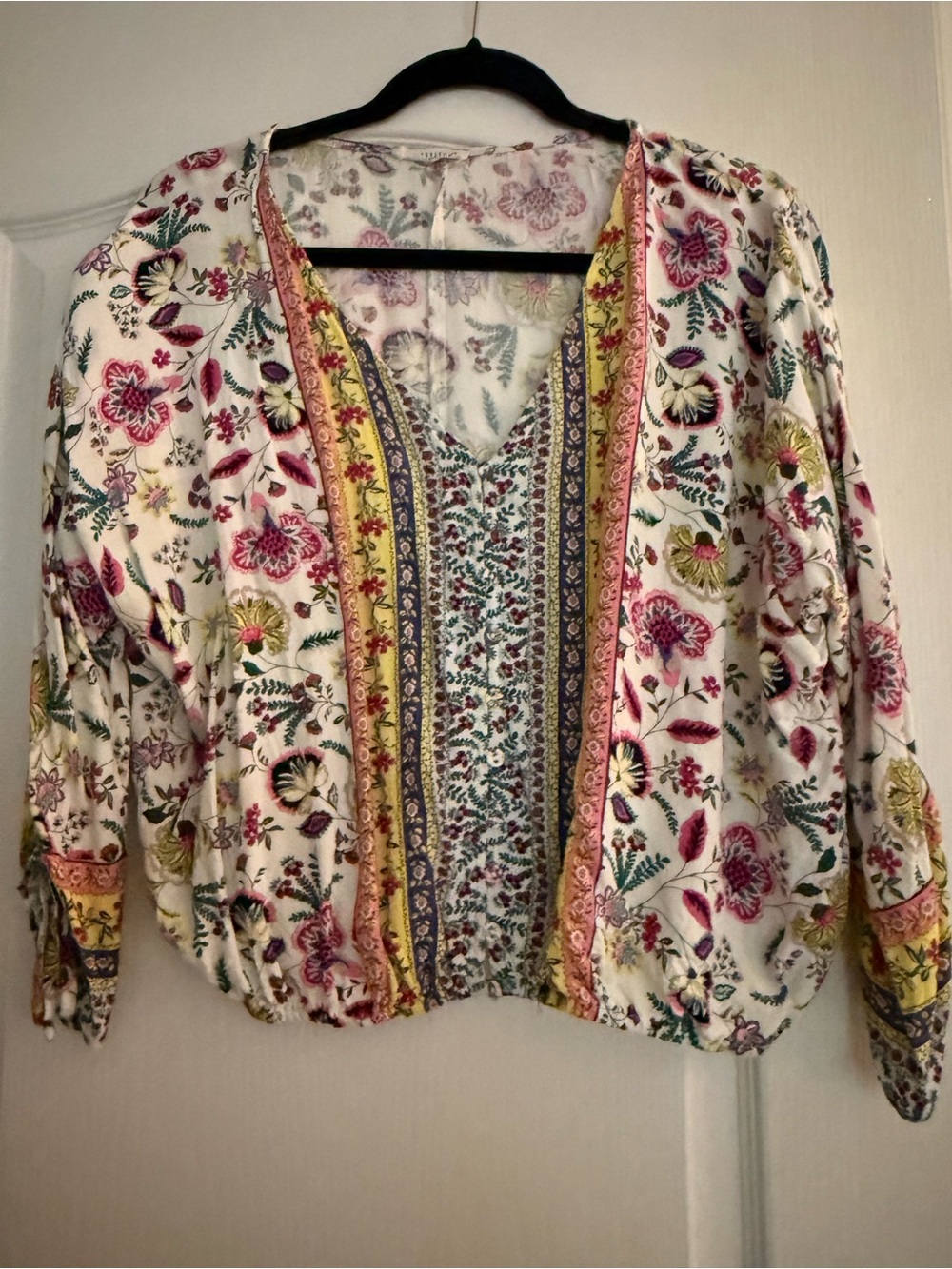 lovestitch White Floral Boho V-Neck Tunic with Pink & Green Accents